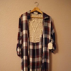 Long Plaid Shirt w/ Lace Back Accent